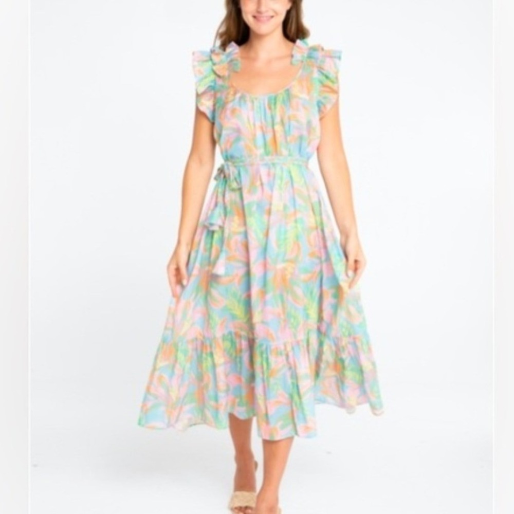 Aldean Adair Lilah St Bartz Ruffle Midi Dress Pastel Floral Belted
